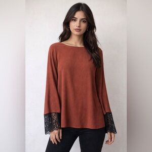 Mossimo Elegant Rust Top with Black Lace Cuffs Medium